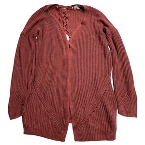 Pink Rose Cardigan Knit Sweater Braided Back Womens Large Red Orange Long Sleeve